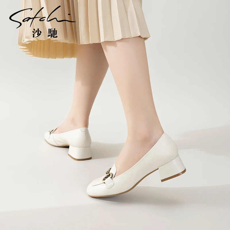 沙驰女鞋时尚马衔扣小方头单鞋女2025年春夏季新款浅口粗跟职业鞋