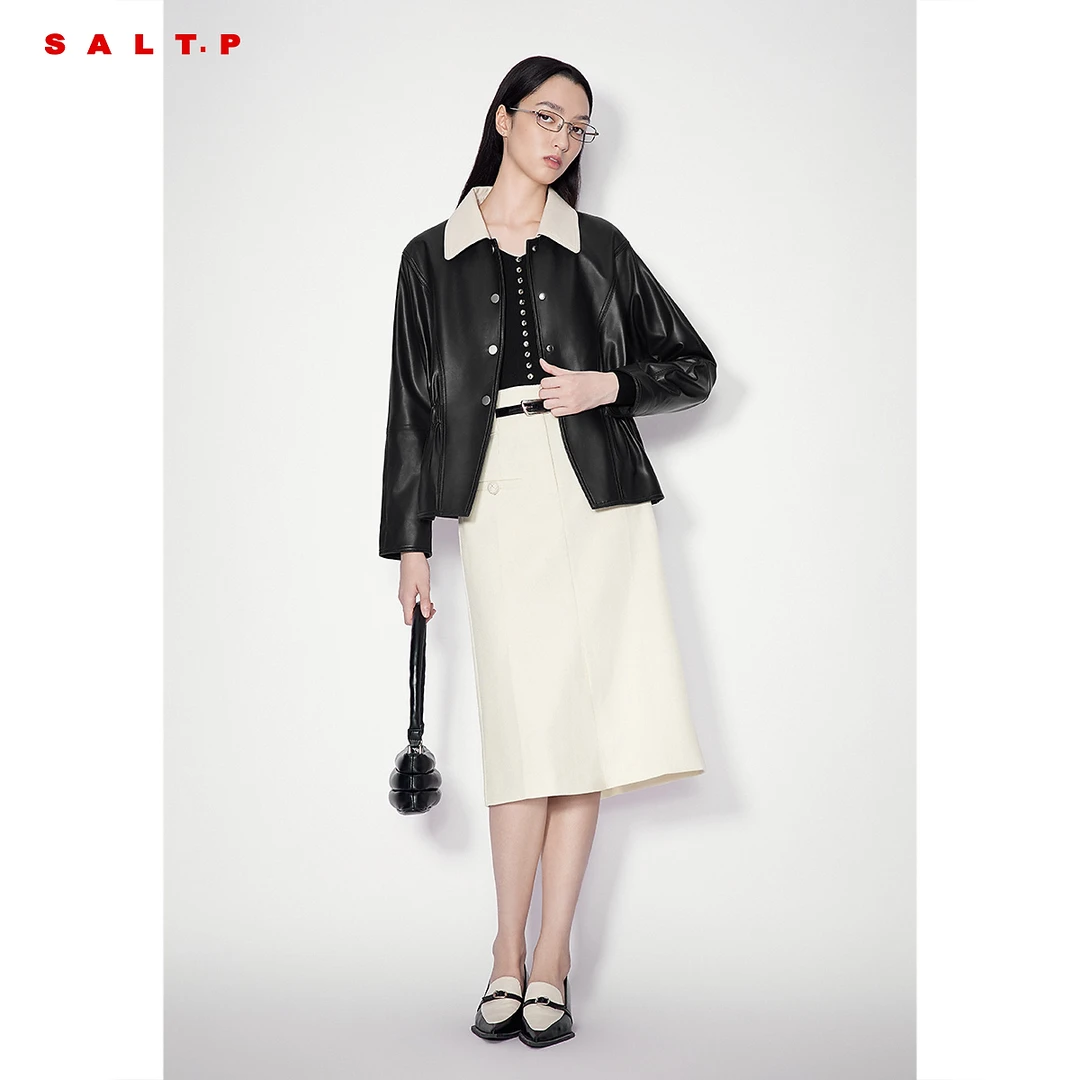 SALT.P可颜黑白撞色翻领松紧收腰显瘦羊剖层皮外套皮衣冬