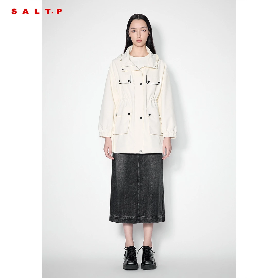 SALT.P可颜立领连帽抽绳收腰中长款机能风工装外套秋