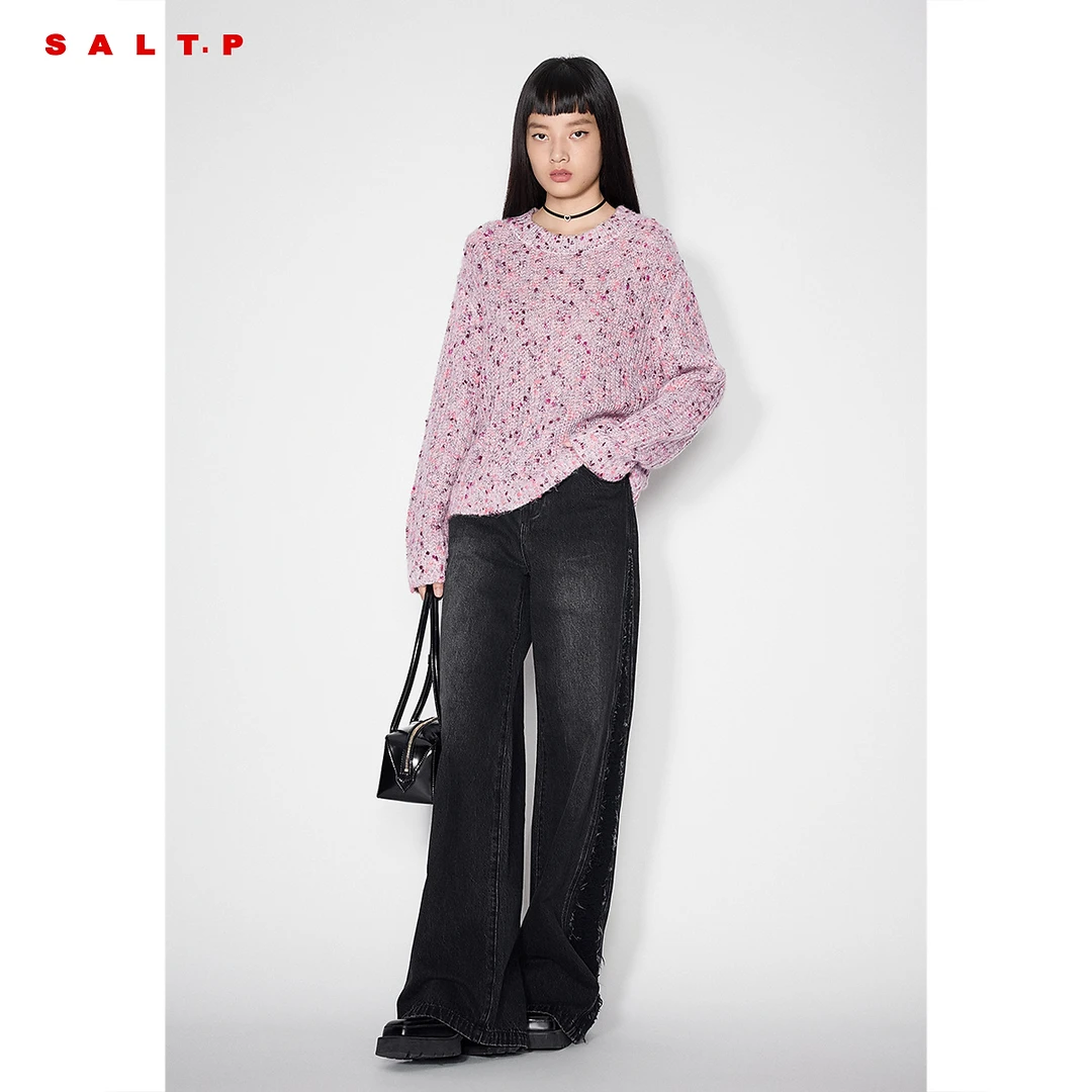 SALT.P可颜烟灰粉混色颗粒感纱线圆领粗针织毛衫女2025秋季新款