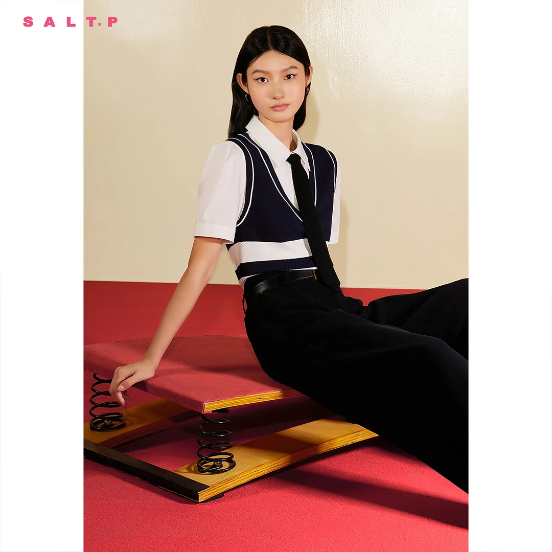 【凉感曲珠】SALT.P可颜领带翻领假两件学院风条纹针织衫夏