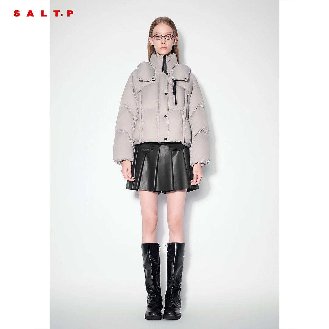 SALT.P可颜白鸭绒撞色减龄学院防风立领连帽短款羽绒服冬