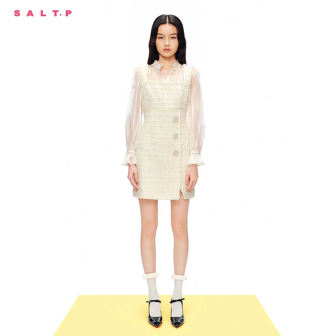 SALT.P可颜流光纱拼接格纹粗花呢假两件背带连衣裙