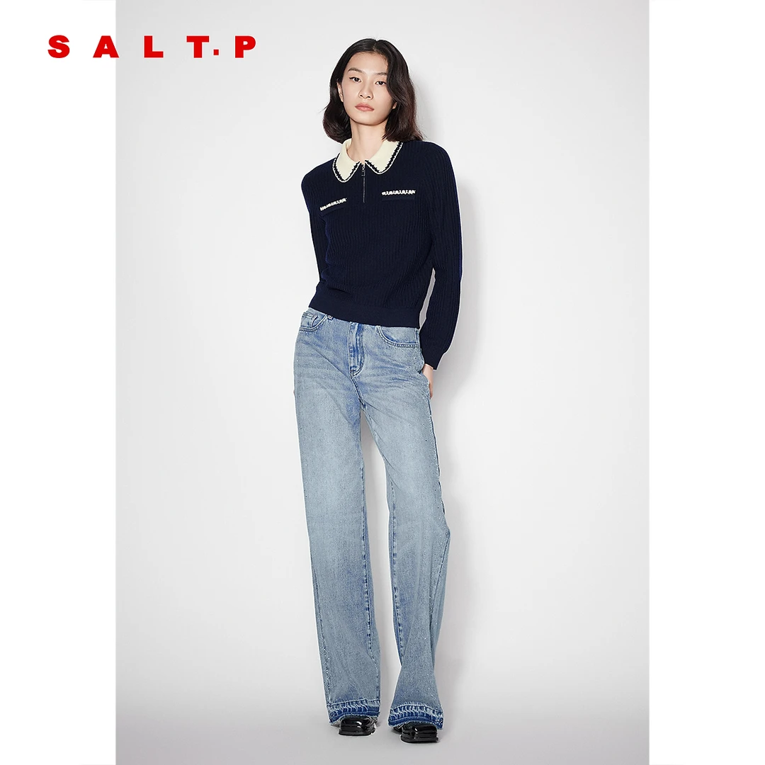 SALT.P可颜学院风撞色娃娃领花边套头针织衫女2025秋新款