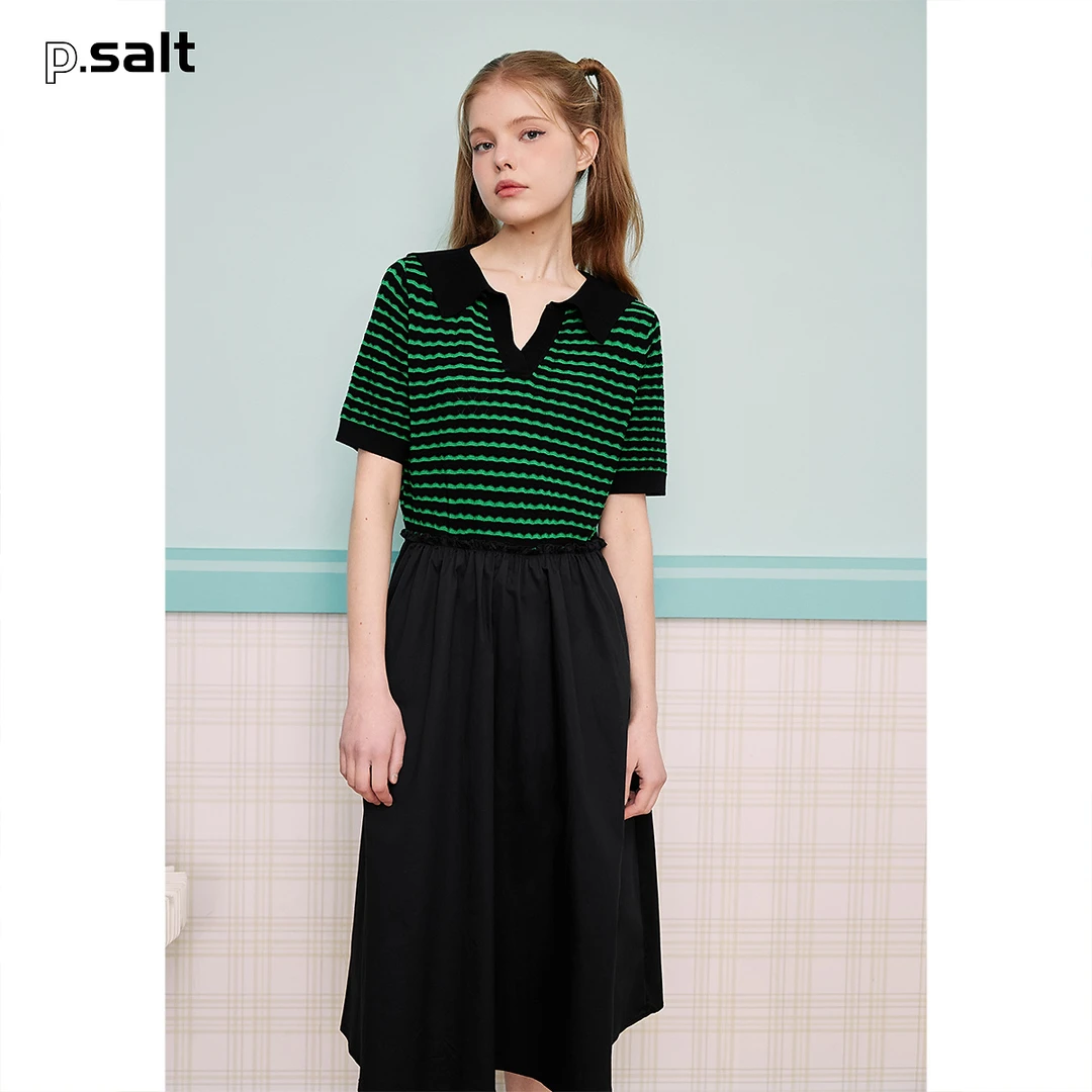 可颜翻领条纹提花减龄学院风假两件针织裙连衣裙夏6J53206040