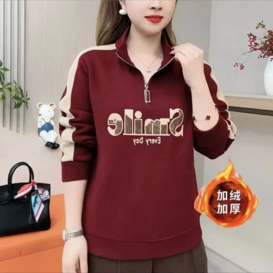 冬季加绒加厚亲肤女装时尚洋气半拉链上衣夹克加绒加厚韩版卫衣潮