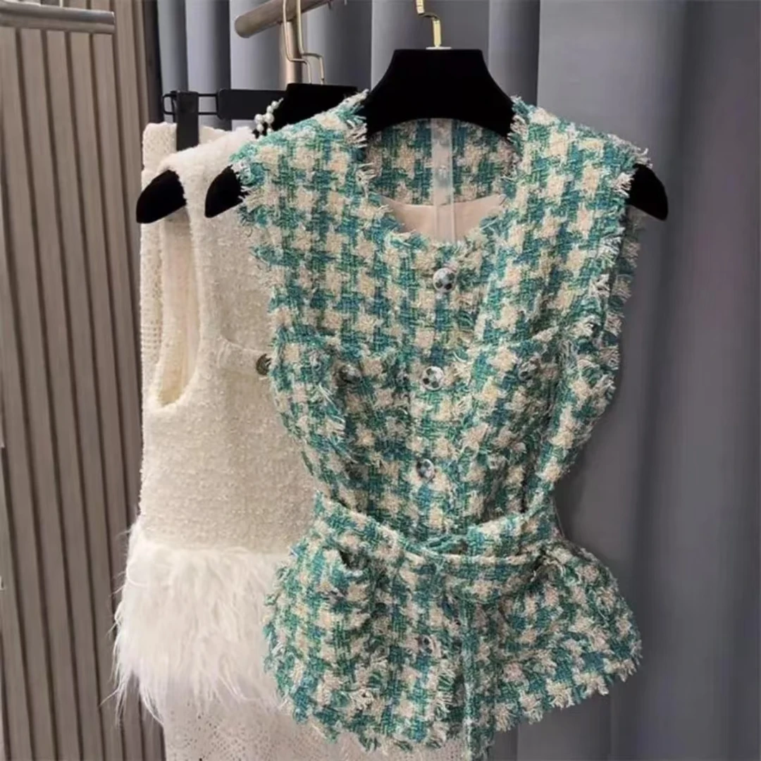 20-南油版本千鸟格粗花呢小香风马甲绿色时尚无袖显瘦夏季法式