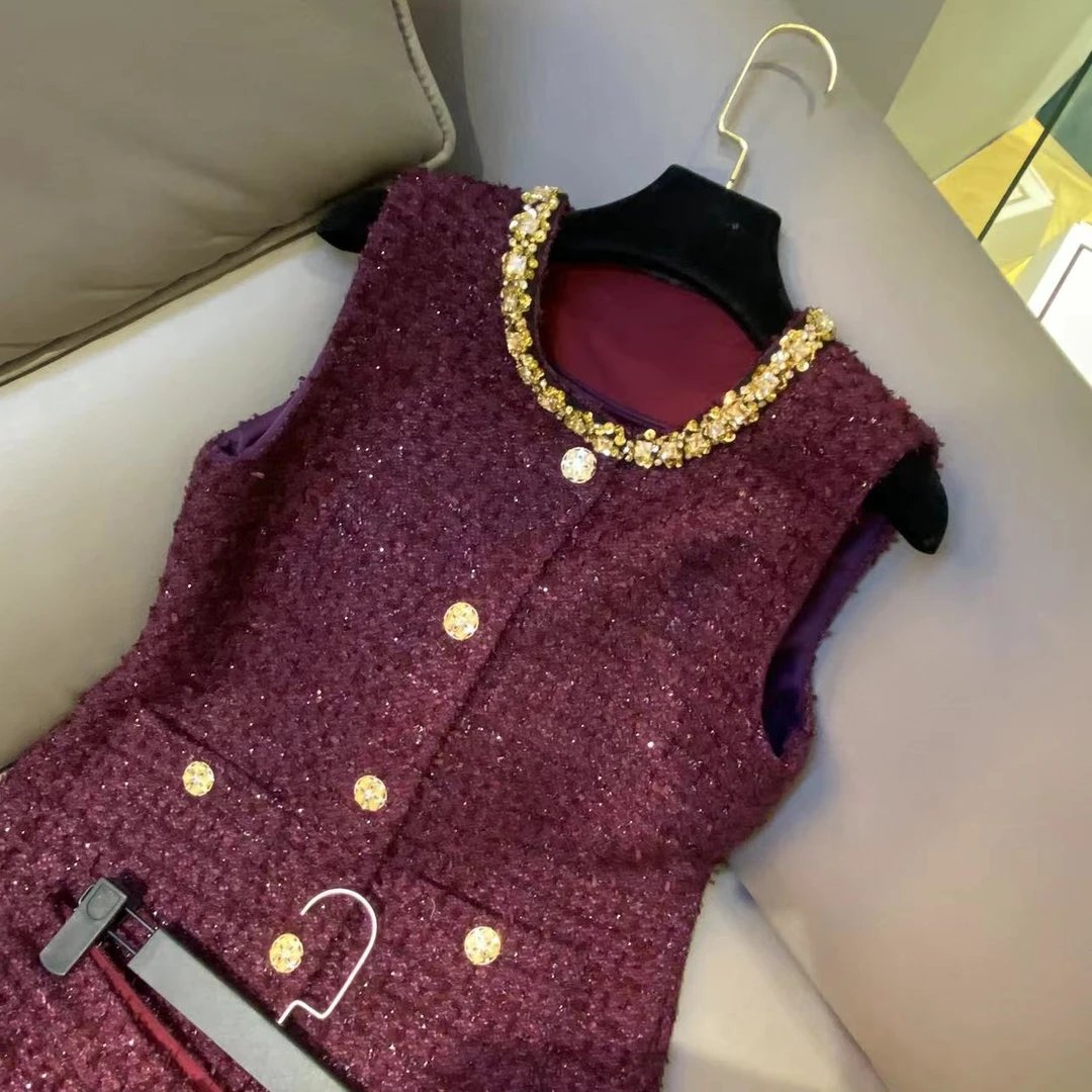 504-轻奢粗花呢老钱风时尚气质款小香风圆领重工外套颗粒绒马甲