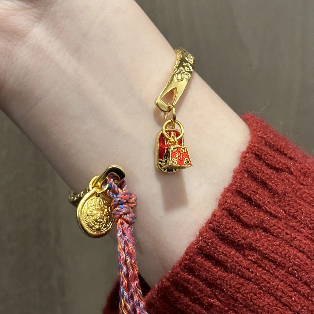 铜合金手镯 A05 古法金开口新中式国潮风手镯24k编织手工