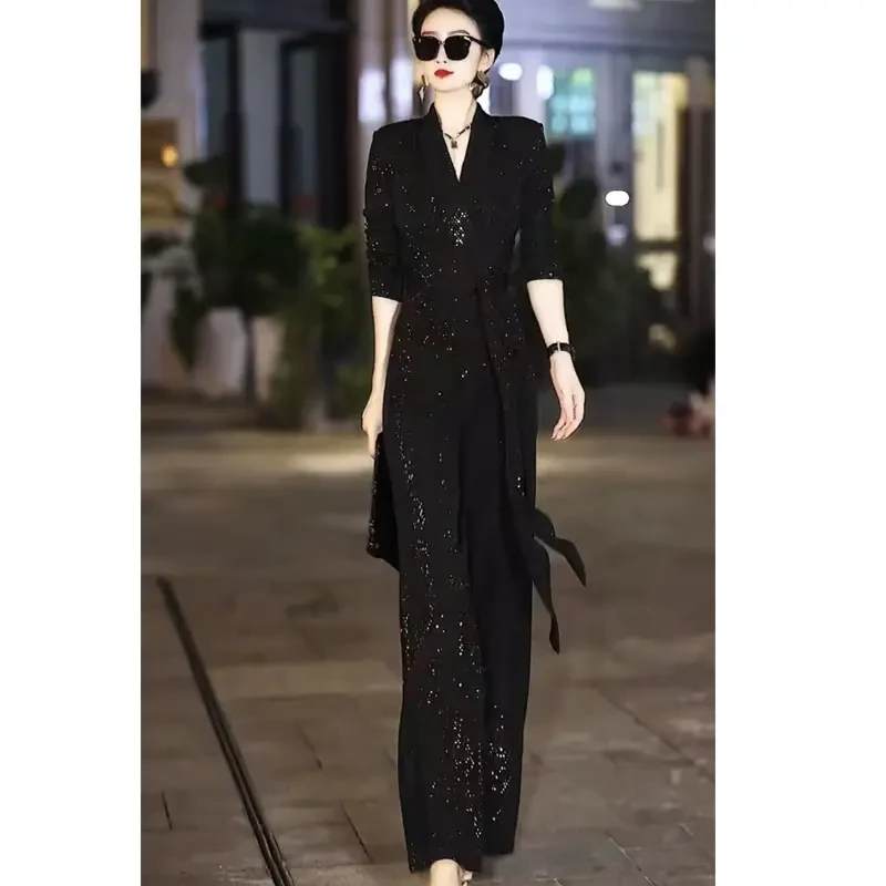 裤套装网红爆款秋季新款感名媛长款独特连衣裤黑色超好看连体裤