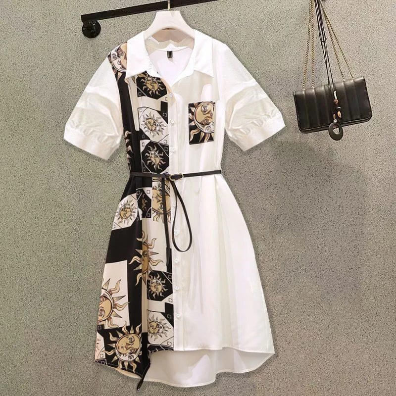 女装时尚显瘦中长款连衣裙2024新款胖妹妹遮肉减龄短袖衬衫裙