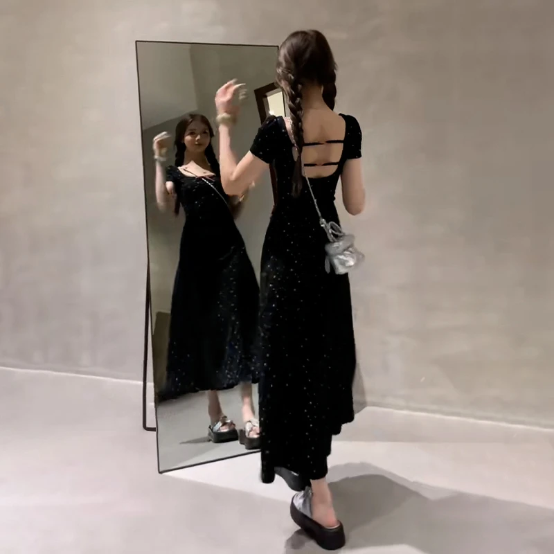 法式复古碎花露背连衣裙子女春夏季2024新款小个子高级感气质长裙