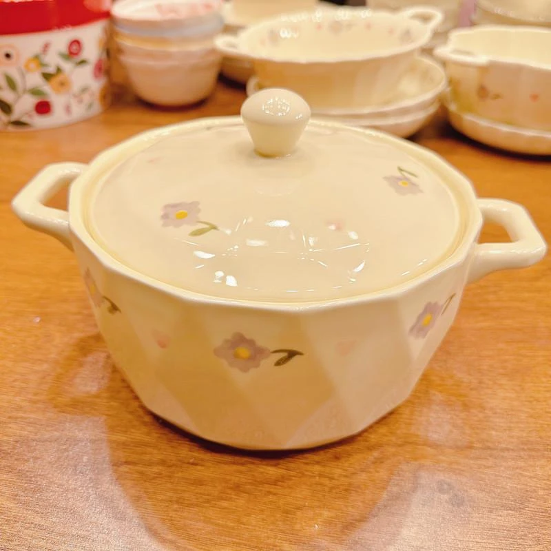 【紫藤花新疆包邮】奶油风紫藤花双耳汤碗带盖陶瓷带盖汤碗2000毫升