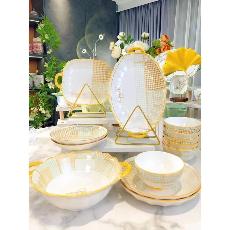 【新疆4人套餐具福利】千鸟格高温釉下彩瓷器套装陶瓷餐具 家用