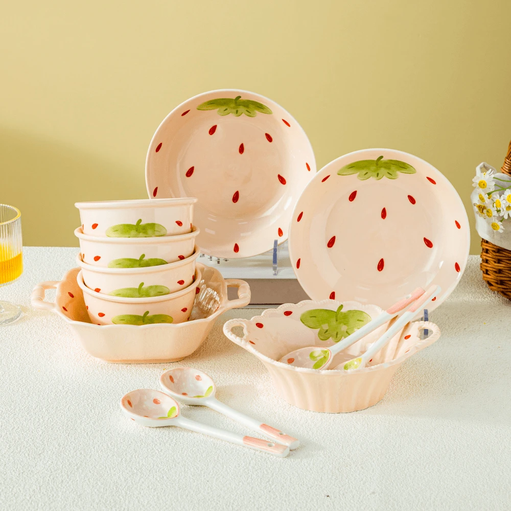 【新疆商超清】粉草莓系列高颜值陶瓷餐具米饭碗汤碗汤盘菜盘套装