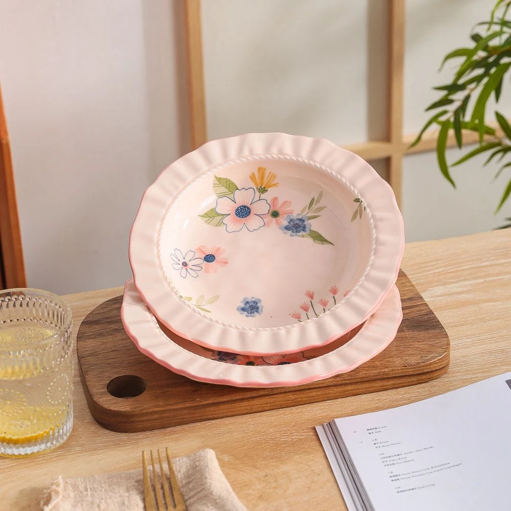 【新疆包邮】珊瑚海8.5英寸花边草帽盘意面盘拌面盘高温釉下彩陶瓷