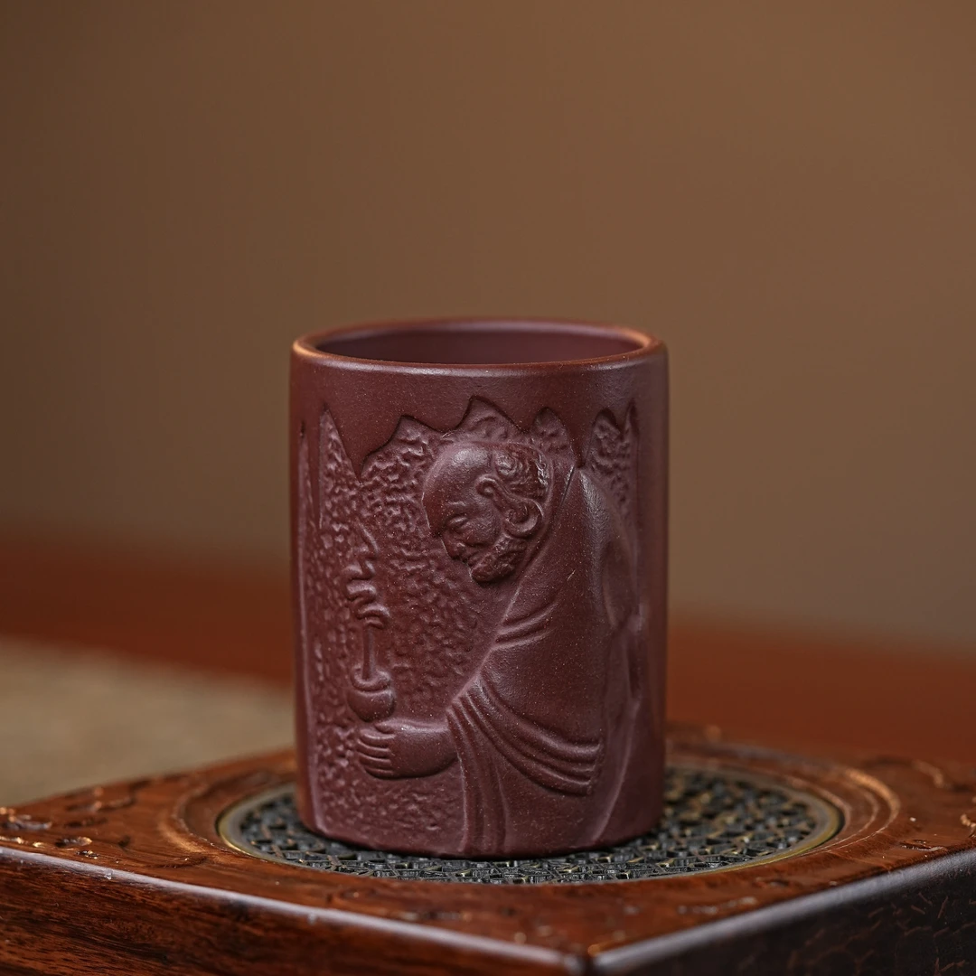 宜兴原矿紫砂主人杯紫泥手工堆绘达摩大容量品茗杯茶杯茶具