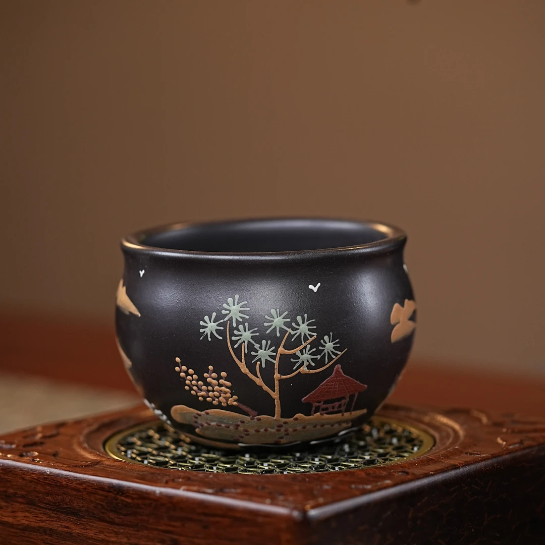 【6019石黄泥绘山水杯】宜兴原矿紫砂高温石黄手工3D立体堆绘