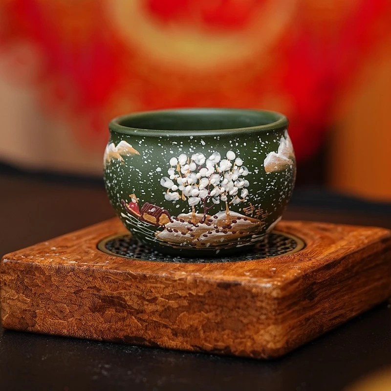 【6006泥香绿泥雪景杯】宜兴原矿紫砂绿泥满身雪景主人杯