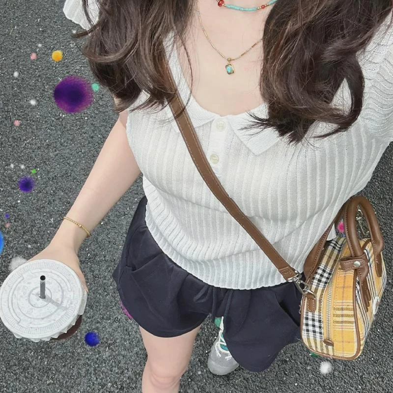 白色polo领针织短袖女t恤夏季2024新款小众设计感正肩甜辣小上衣