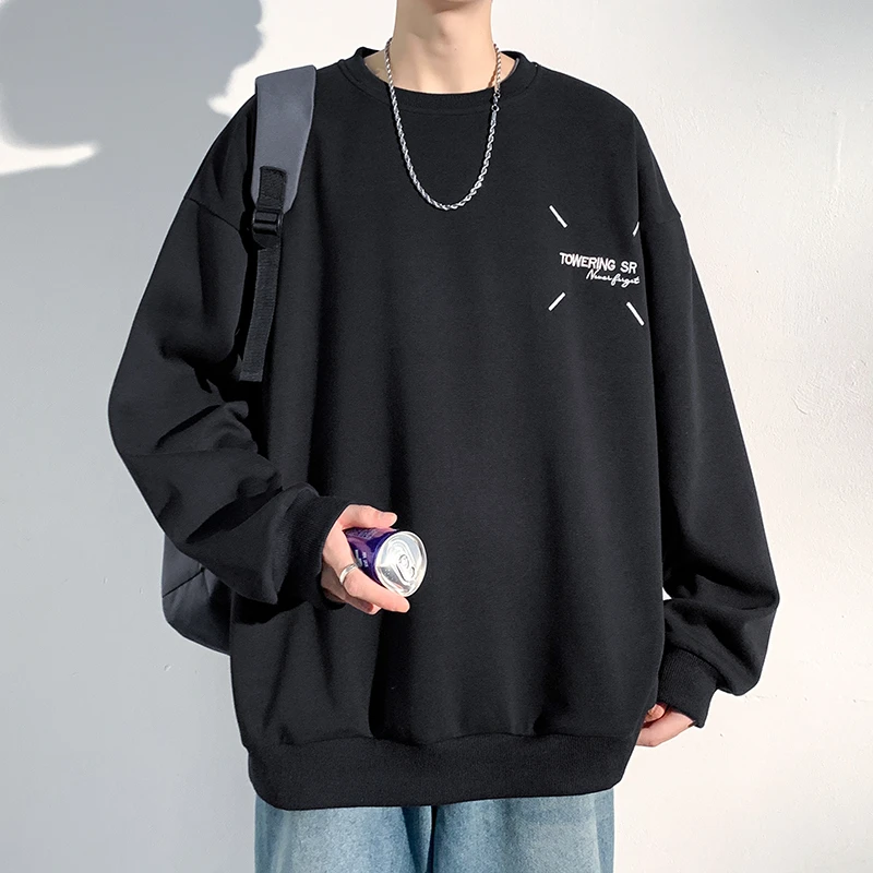 港风圆领卫衣男秋新款宽松百搭大码休闲青少年打底衫内搭上衣服