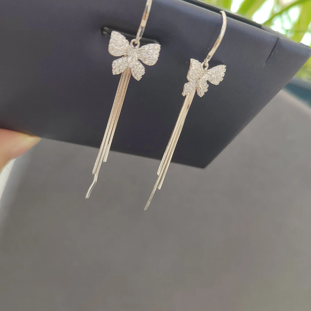 坠链均925银合成锆石 S925银项链镶锆蝴蝶流苏耳环民族风气质优雅