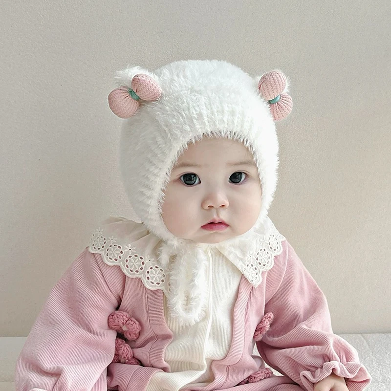 女宝宝帽子冬季女童卡通蝴蝶结保暖加绒针织套头帽婴儿护耳毛线帽