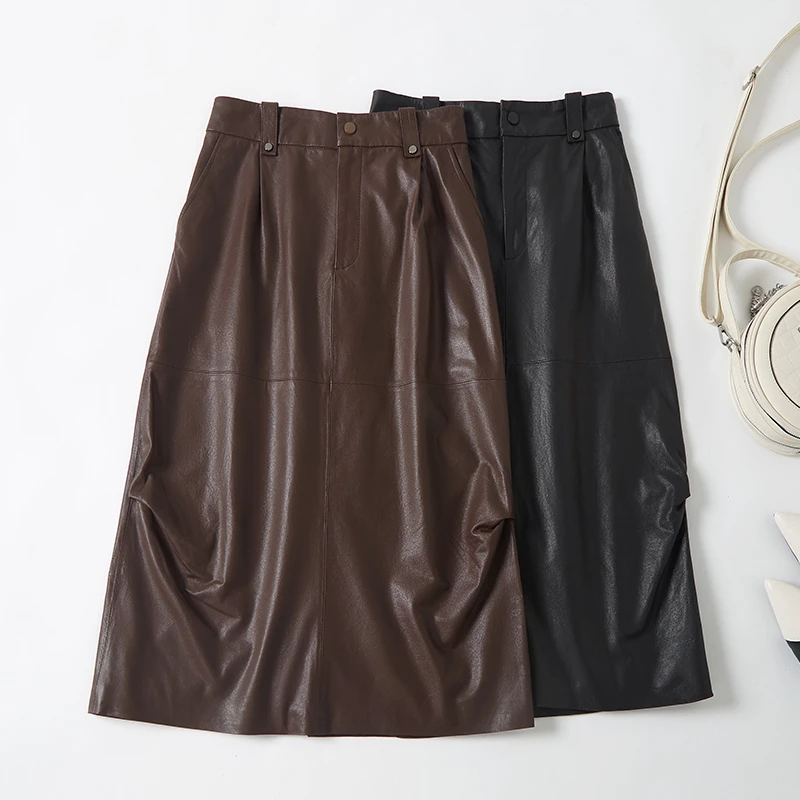 植鞣绵羊皮真皮半身裙2024高级感长裙高腰显瘦包臀开叉一步裙皮裙