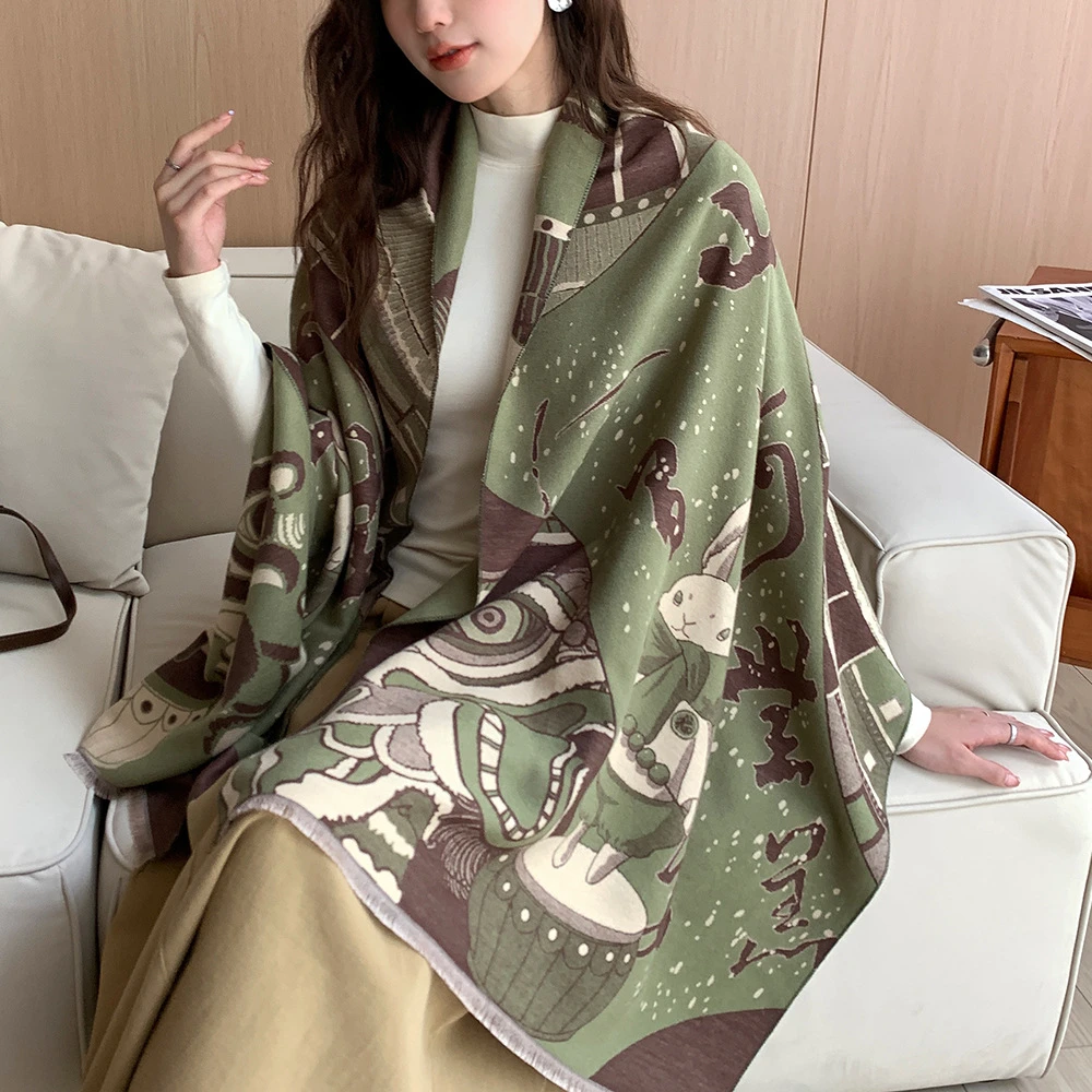 秋冬新款瑞兔送福仿羊绒围巾女韩系可爱网红高品质披肩外搭保暖围