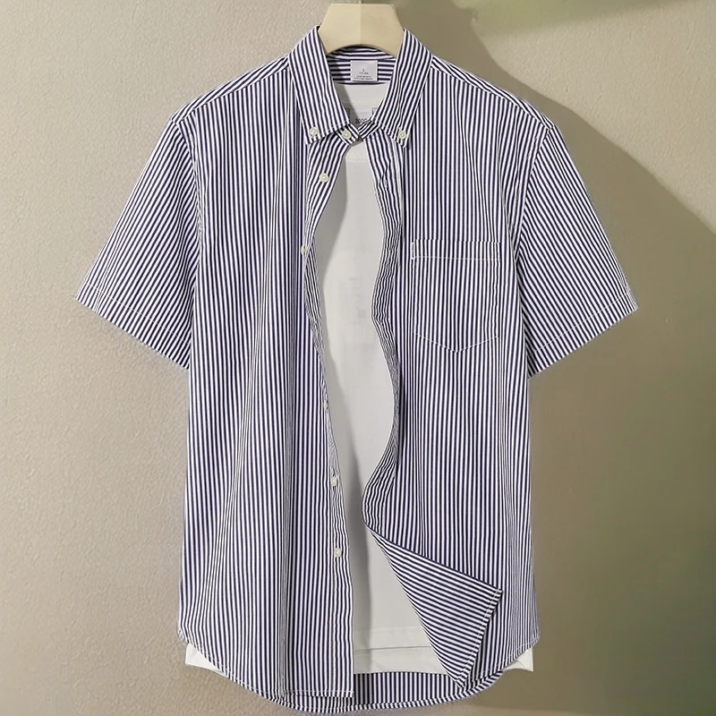 夏季新款纯棉短袖衬衫男休闲宽松大码色织条纹男士衬衣薄款潮青年