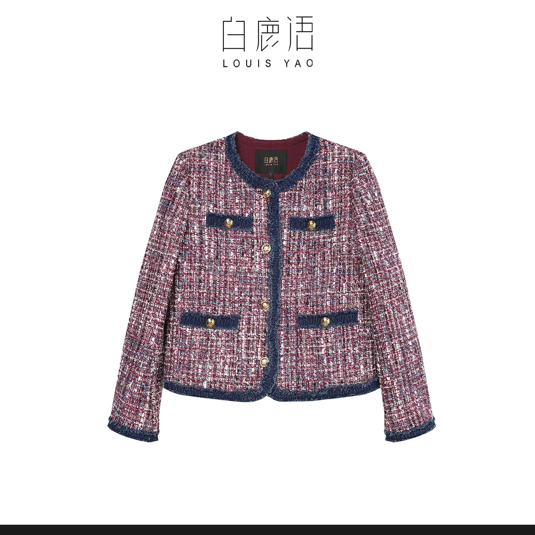 白鹿语冬新款安可拉红小香粗花呢亮片夹棉棉服女WBX10089