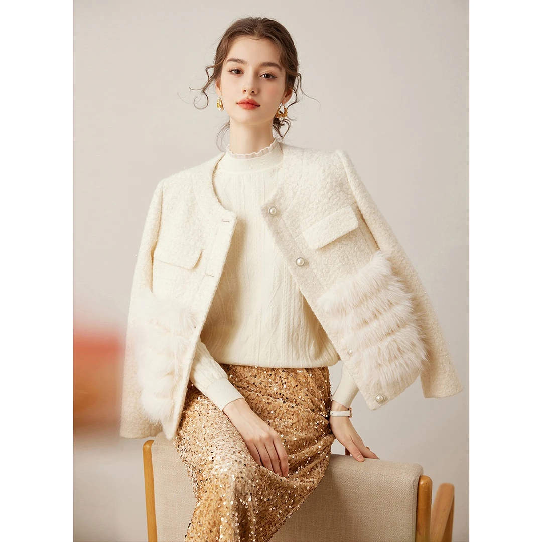 白鹿语冬款法式气质厚款保暖优雅长毛条拼接外套女WBX10054