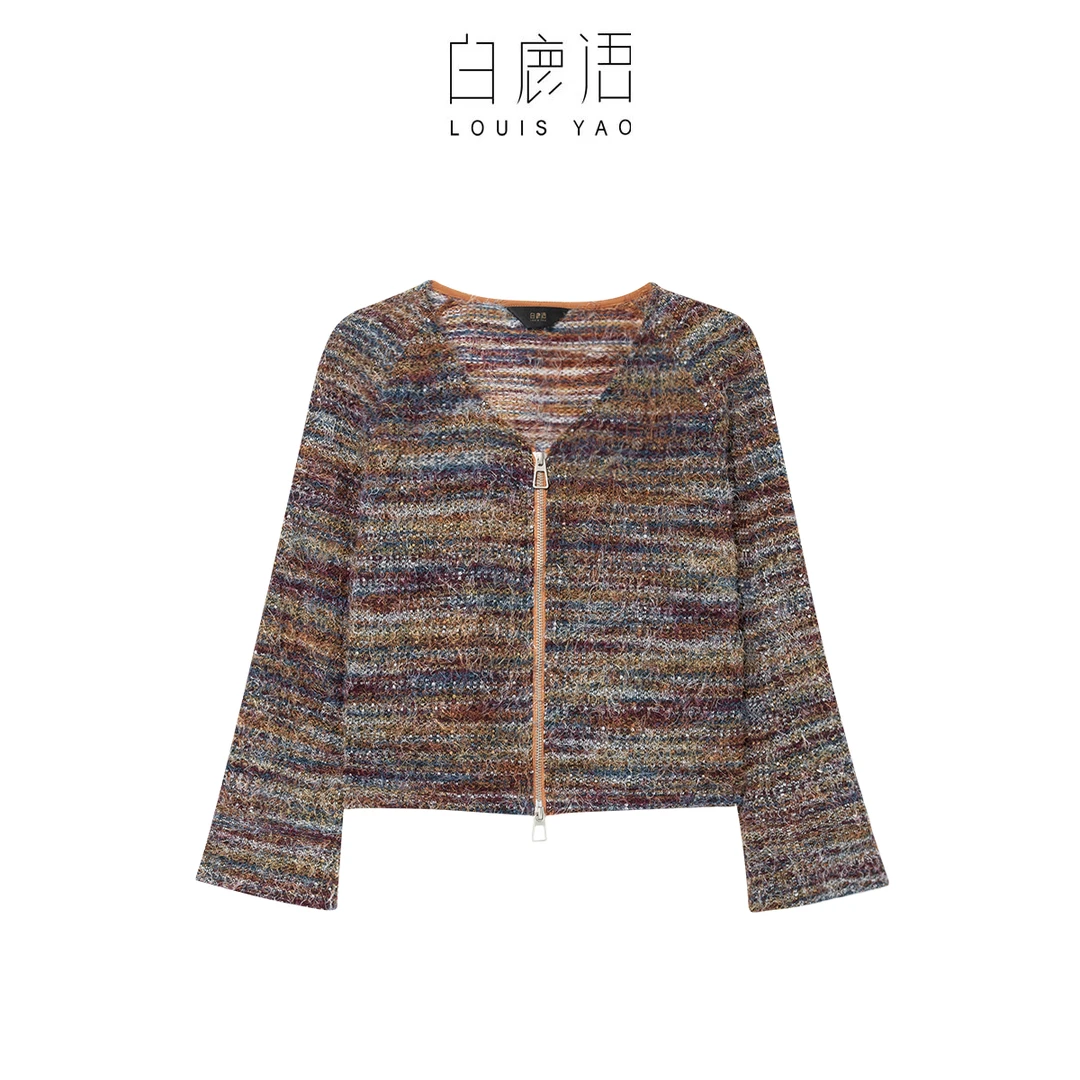 白鹿语秋女装新款时尚休闲V领双拉头开衫上衣女BL10305