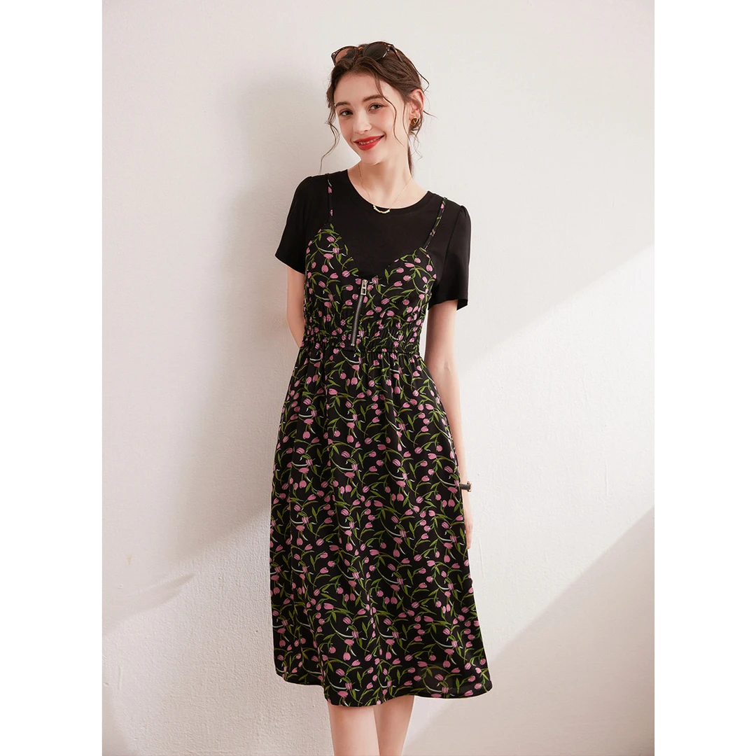 白鹿语夏季复古印花假两件时尚减龄圆领碎花微弹连衣裙女HU20260