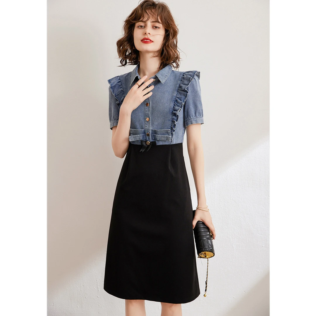 白鹿语夏季时尚针织拼接牛仔裙荷叶边蝴蝶结连衣裙YU10460