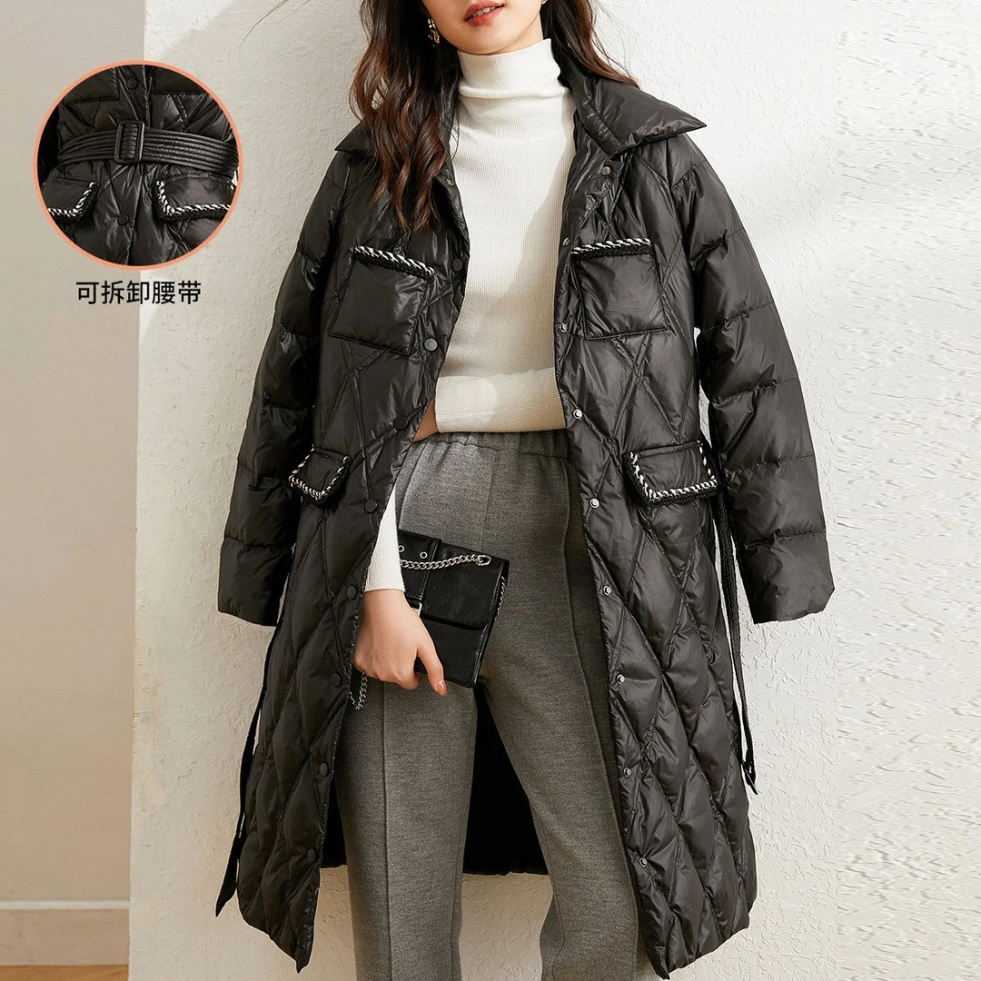 白鹿语冬气质时尚个性撞色织带中长保暖女式羽绒服外套WBX23727