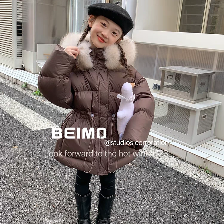2024新款毛领抽绳女童冬装加厚宽松儿童气长款中秋冬羽绒服外套