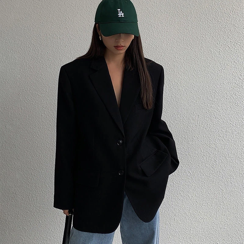 黑色宽松小西装外套女士春秋季韩版复古休闲显瘦小西服中长款