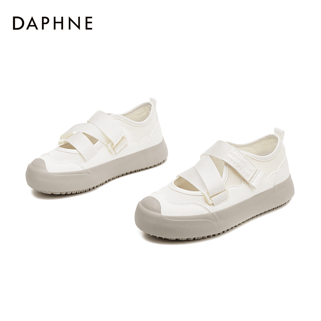 达芙妮时尚百搭平底女鞋夏季镂空网面魔术贴简约大气透气休闲鞋