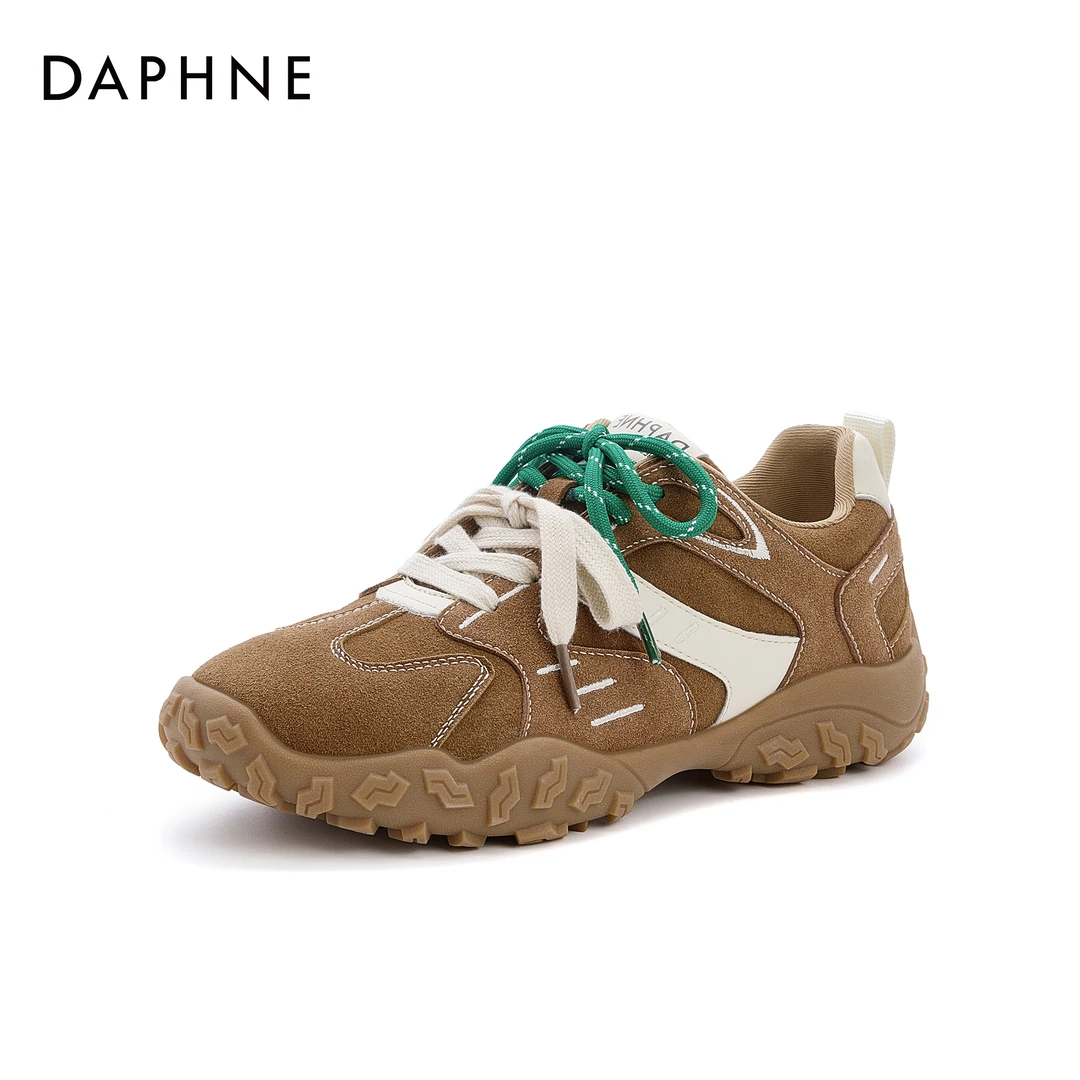 达芙妮时尚厚底波粒感秋季新款杏头双色系带百搭街头美式德训鞋