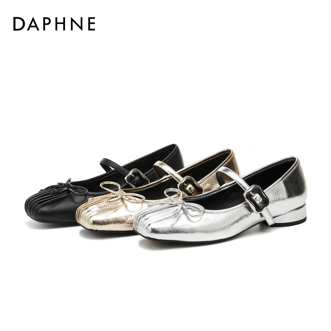 达芙妮温柔气质女鞋秋季一字带蝴蝶结可调节低跟时尚舒适浅口单鞋