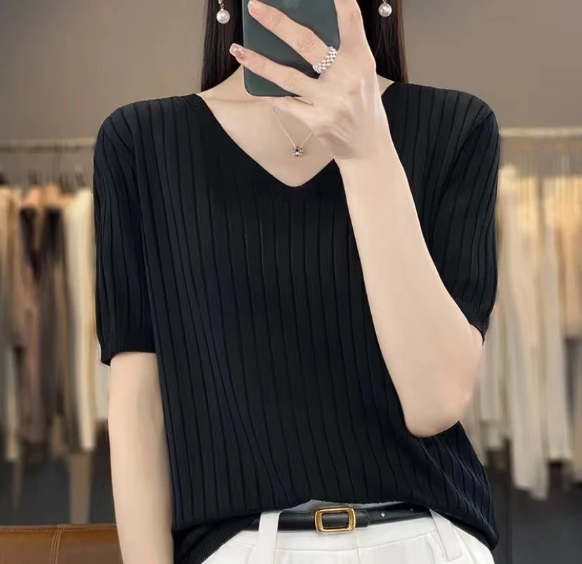 2024新款~V领短袖宽松百搭洋气针织衫