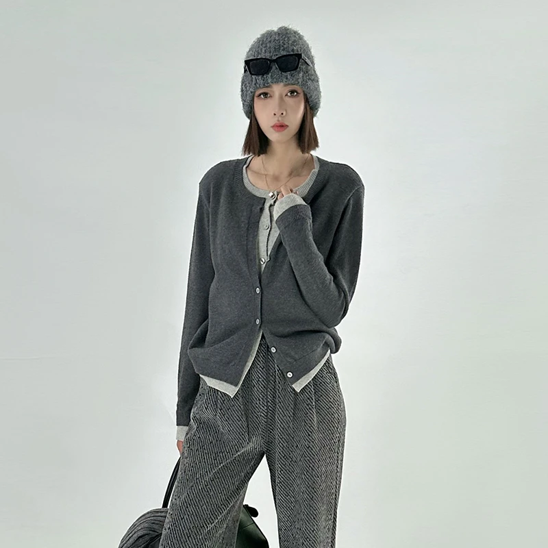 【清】调色盘 DPLJ高个子女装撞色假两件开衫毛衣秋季针织打底衫358