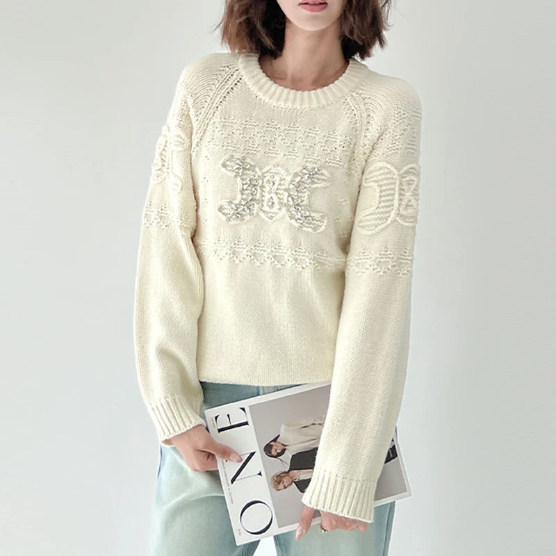 闪钻毛衣 DPLJ高个子女装 重工闪钻立体钩花圆领毛衣秋冬DD133