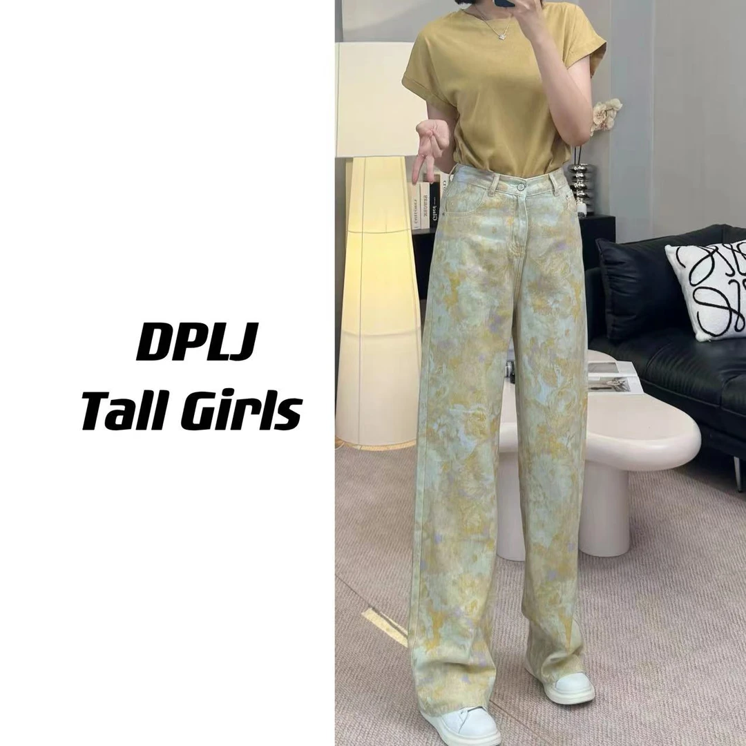 【清】繁花 高个子加长牛仔裤碎花阔腿裤宽松显瘦百搭休闲裤E2696