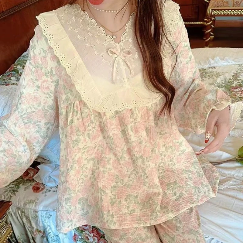 纯棉【花边领】睡衣宝宝纱绉纱棉泡泡棉春秋纯棉女士长袖套装家居服