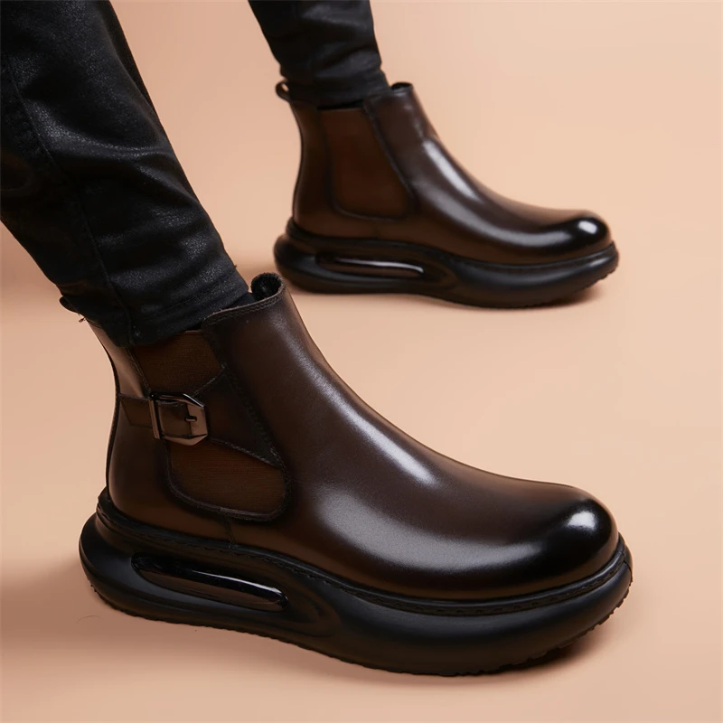 新款切尔西男士靴减震防寒增高秋冬保暖休闲皮靴高帮工装加绒靴子