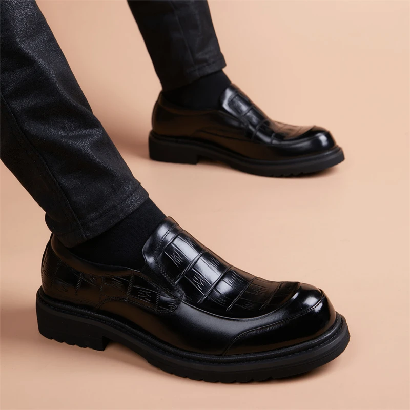 手工潮流男鞋秋季款真皮商务正装男士皮鞋一脚蹬英伦圆头鞋厚底