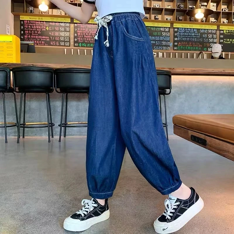 女童软牛仔裤子中大童夏装薄净蓝色宽松休闲哈伦老爹裤洋气防蚊裤