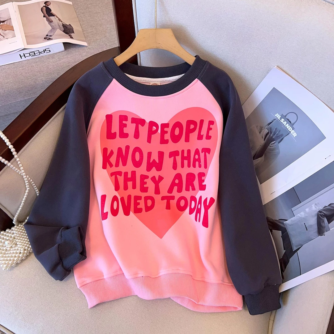 女童卫衣加绒春秋季女孩子粉色上衣爱心中大童学生韩版宽松百搭潮